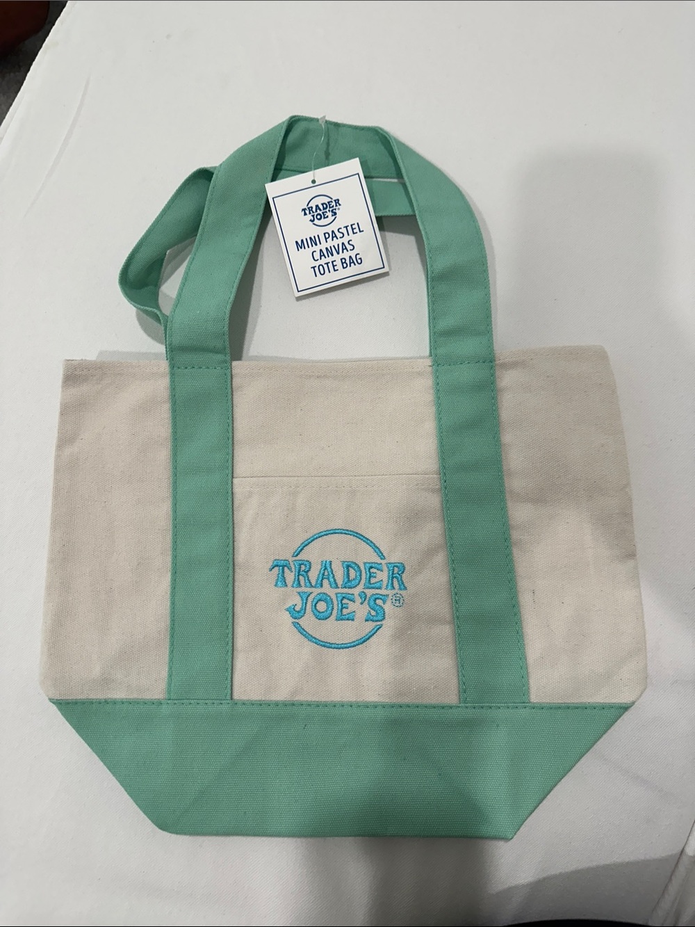 NWT Trader Joe’s mini Pastel Canvas Tote Bag - Mint/Beige